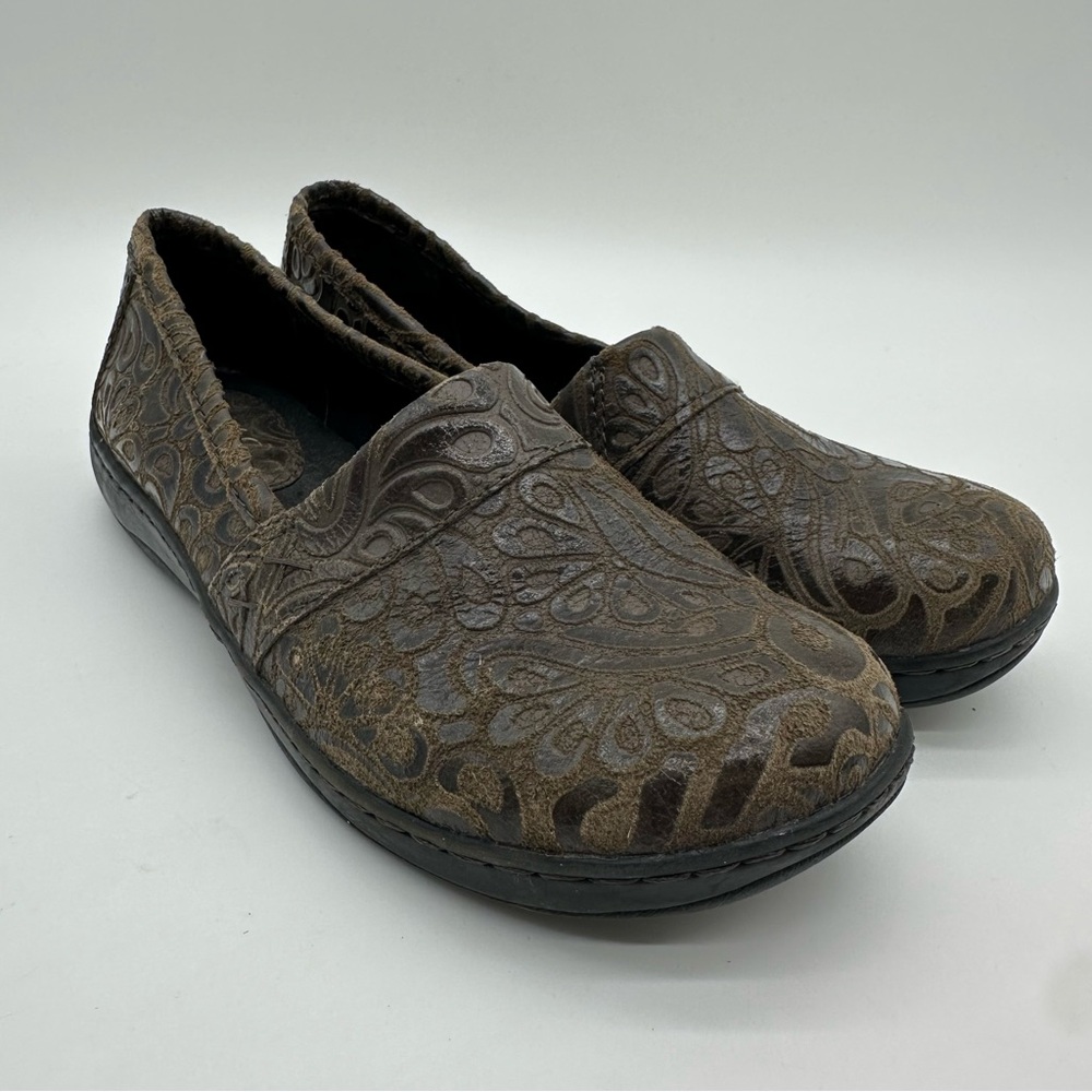 Brown Floral Embossed Suede Women's Slip on Shoes